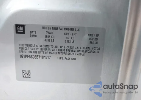 2011 Chevrolet Cruze 1Lt from USA, damaged, VIN 1G1PF5S96B7104517
